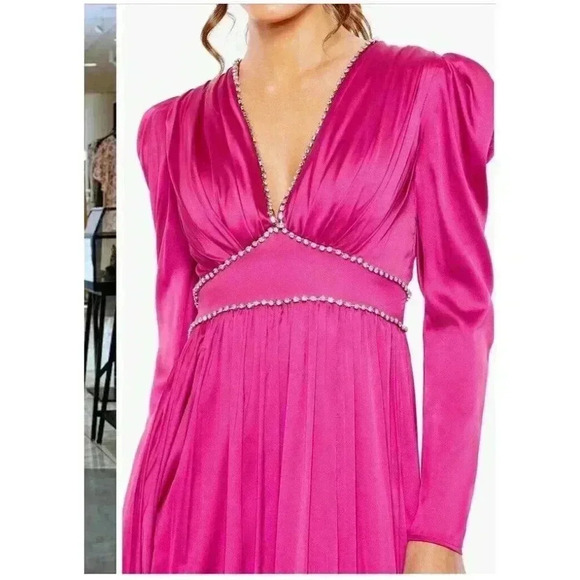 NEW Mac Duggal Magenta Crystal Satin Empire Waist Long Sleeve Gown Size 4 - Picture 3 of 11